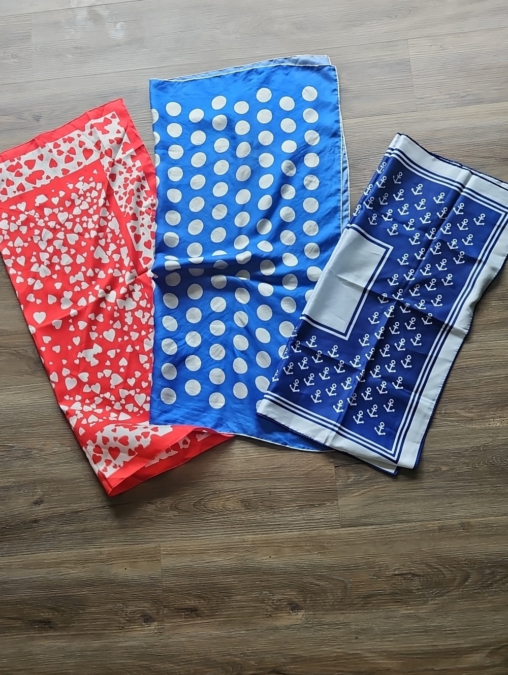 VintageSet of 3 Patterned Silk Scarves - Red Hearts, Blue Polka Dot, Navy Anchor